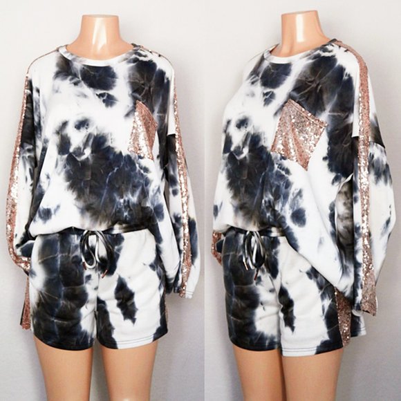 NEW Tie Dye Sequins French Terry Lounge 2pc Set - Picture 2 of 11